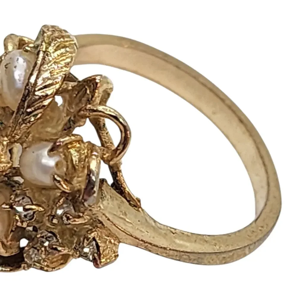 Vintage Genuine Pearl Rhinestone Cluster Cocktail Ring Floral Gold Plate Sz 6.75